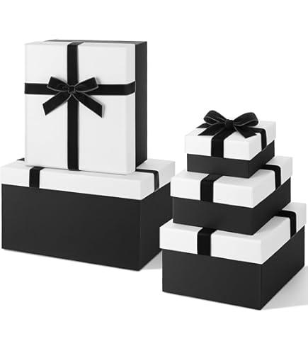 Cholemy Black Valentine Velvet 5 Pcs Square Gift Boxes with Lid and Ribbon Assorted Size Nesting Decorative Box Wrap for Present Wedding Graduation Birthday Anniversary Party Favor
