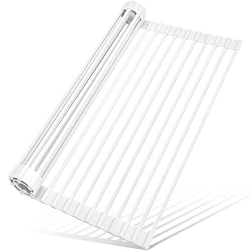 MERRYBOX Roll Up Dish Drying Rack, Silicone Wrapped Over The Sink Dish Rack Foldable Dish Drainer Anti-Slip Dish Racks for Kitchen Sink, Multipurpose Kitchen Sink Drying Rack, 17.5" x 13", White