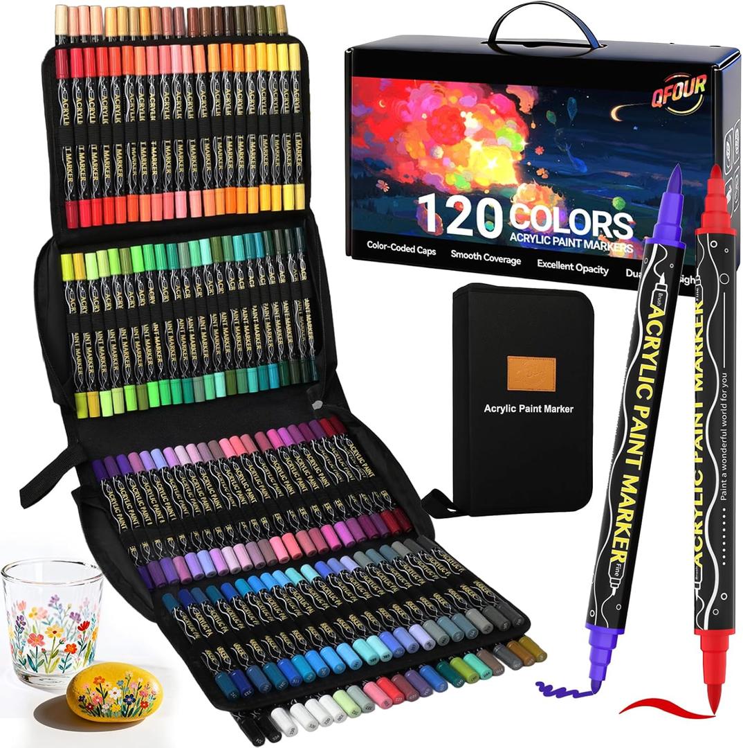 124 PCS Acrylic Paint Markers, Acrylic Markers Set, 120 Colors Paint Pens for Wood, Glass, Rock, Fabric, Ceramic and Metal, Portable Bag