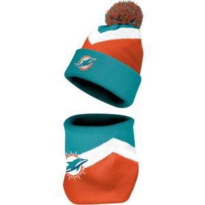 FOCO NFL Unisex-Adult Officially Licensed Primary Logo Team Color 2 Pack Neck Warmer Gaiter and Cuffed Knit Beanie Hat Set (One Size, Miami Dolphins)