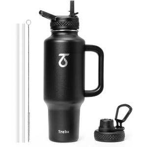 Trebo 40 oz Water Bottle Insulated Fit Car Cup Holder with Handle, Stainless Steel Water Bottles Tumbler with Spout Straw Lids, Double Wall Travel Reusable Flask, Leakproof Mug,Keep Cold &Hot,Black