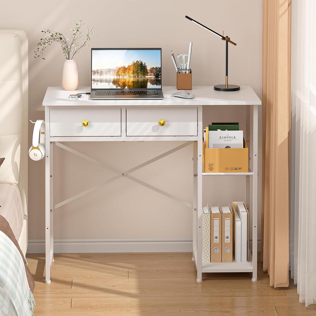 DAOUTIME White Computer Desk, 36 Inch Small Desk with Drawers, Home Office Desk with Storage Shelves for Bedroom, Living Room, Dorm, Vanity Desk for Small Spaces, White, 35.4" W x 15.9" D x 30.5" H