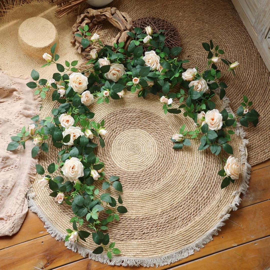 5.9FT Bendable Rose Flower Garlands, Artificial Silk Wild Roses Vine Hanging Flowers for Wall Fireplace Fence Table centerpieces Trellis Wedding Indoor Outdoor Spring Decor (Champagne, 2)