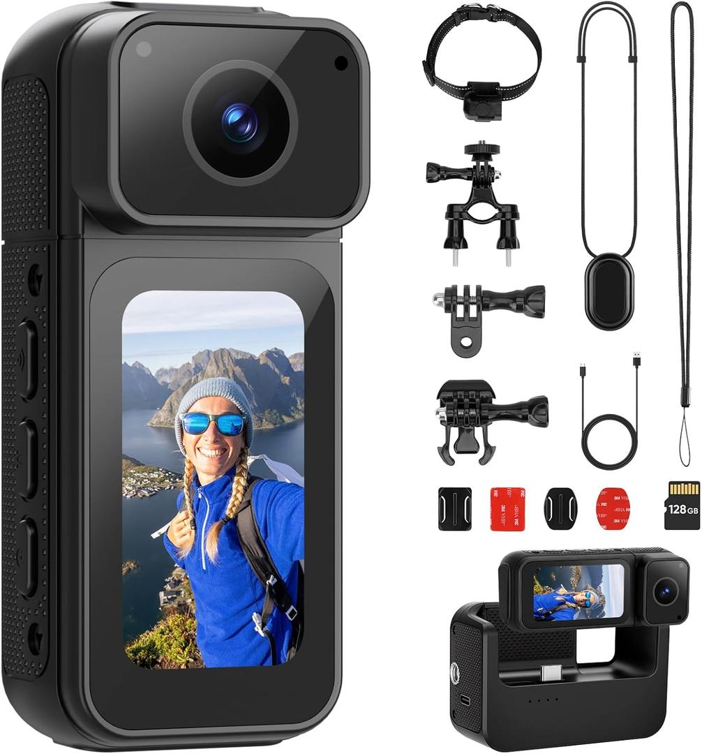 Mini Body Camera 128G with 1.47inch LCD Screen, 2.7K Thumb Size Action Body Cam with Audio&Video Thumb Hands Free POV Recording, Mount Free, Magnetic Sport DV for Bike Cycling Vlogging Pet Walk Swim