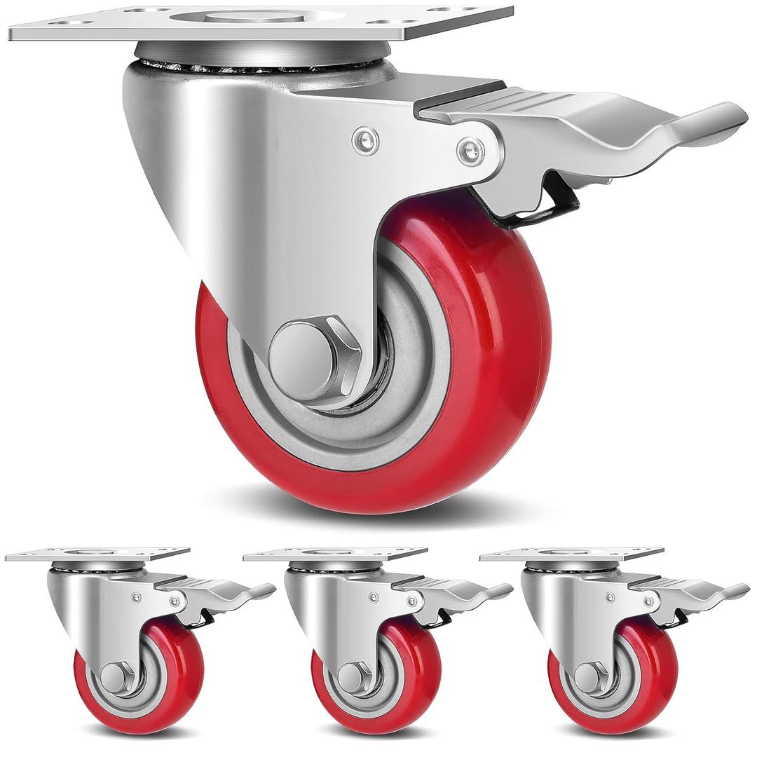 TABKEER 3 Inch Industrial Heavy Duty Swivel Caster Wheels with Brake,Set of 4 Safety Locking Casters,Load 1600lbs,Premium Polyurethane Wheels for Table,Trailer,Saw Table,Stage Toolbox,Bed,Corn Board (Red)