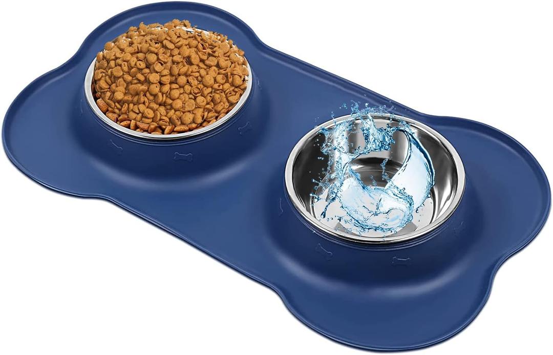 AsFrost Dog Food Bowls Stainless Steel Dog Food and Water Bowl Set, Dog Bowls No Spill Non Slip Silicone Mat, Dog Dishes for Small Medium Size Dogs Cat Puppy Pet Food Feeding Bowls, Blue, 12oz, 2 count