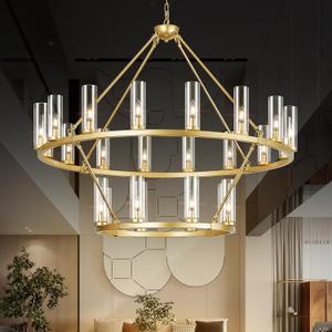 48 Inch Large Gold Wagon Wheel Chandelier with Clear Glass Shade 2 Tier 24-Lights Round Pendant Light Farmhouse Industrial Chandeliers Dining Room Light Fixture for Stair Living Room Foyer