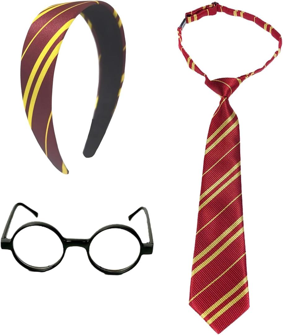 Sheliky Halloween Costume Accessories Women Vivid Burgundy Red Stripe Headband Tie Black Glasses Dress Up Cosplay Party Set
