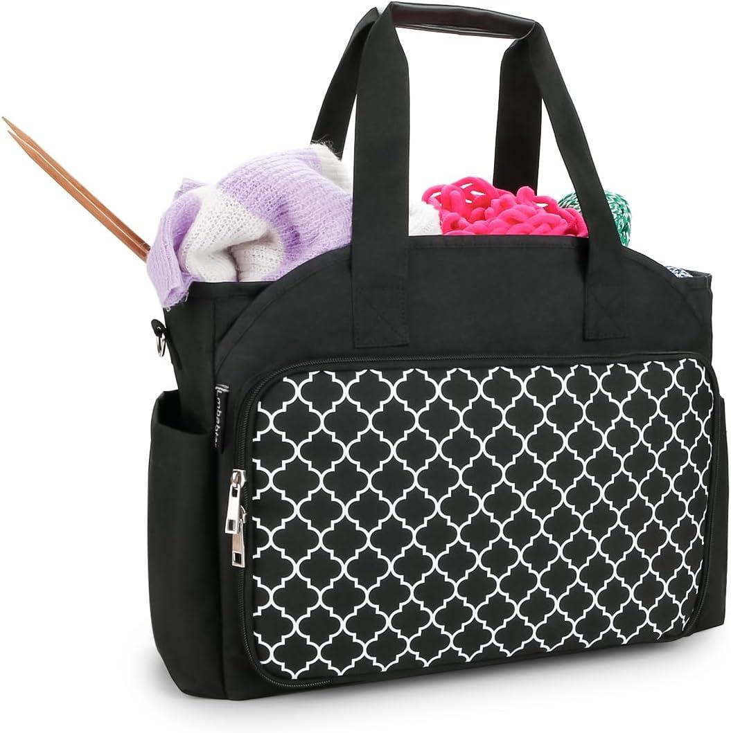 Knitting Bag - Yarn Storage Tote & Organizer, Crochet Organizer with Hooks, Needles & Accessories (Black)
