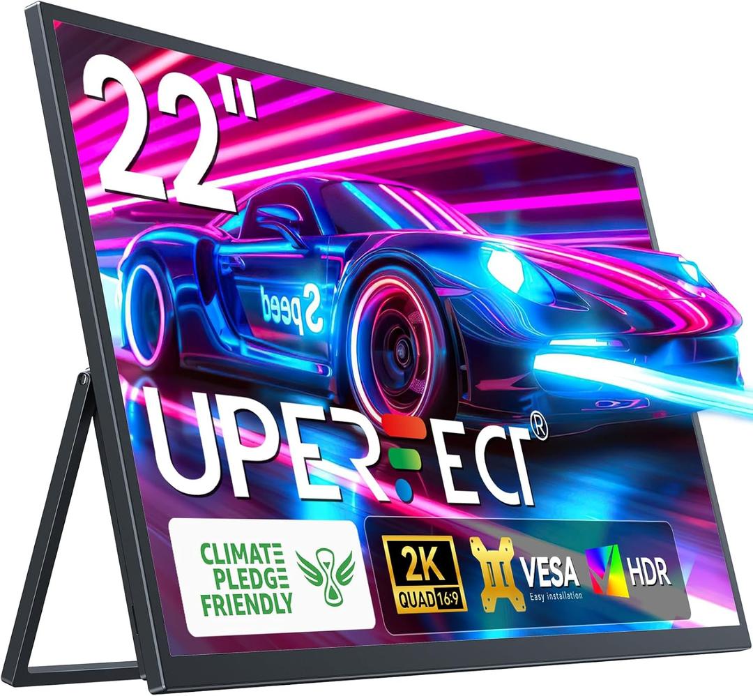 UPERFECT 22" 2K Portable Monitor w/VESA & 180Adjustable Stand, 2560 * 1440 QHD FreeSync IPS HDR Large Gaming Display, USB-C HDMI Travel Second Monitor for Laptop Switch Phone