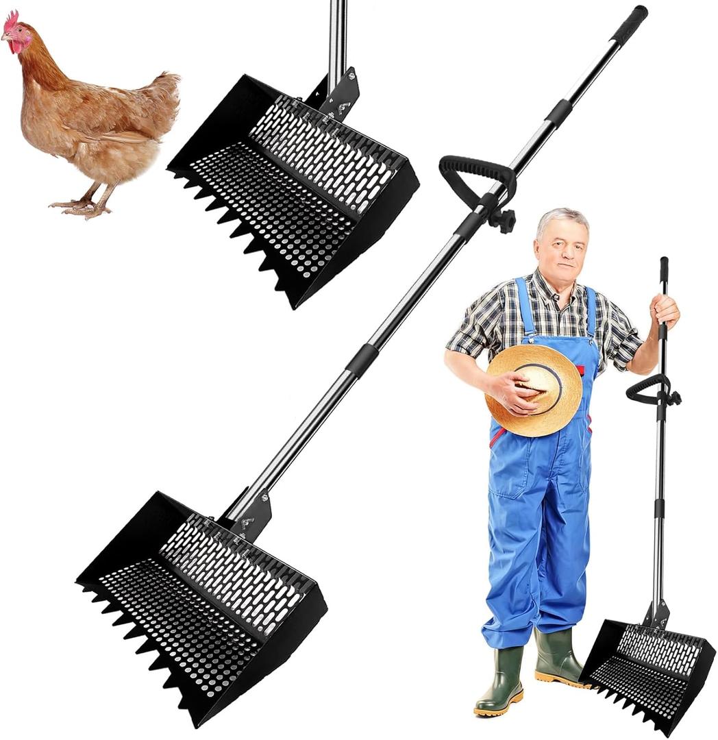 Adjustable Angle Chicken Poop Scooper for Sand, Litter, Coffee Upgrade Mesh Partition  Chicken Coop Scoop with Wide 11.8" Metal Head,Built-In Rake and Hook, Durable Support Brackets for Easy Cleaning (Black)