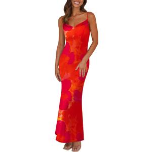 PRETTYGARDEN Women's 2026 Summer Floral Spaghetti Strap Maxi Dress Stretch Sexy Bodycon Dress Backless Slip Long Dresses (L)