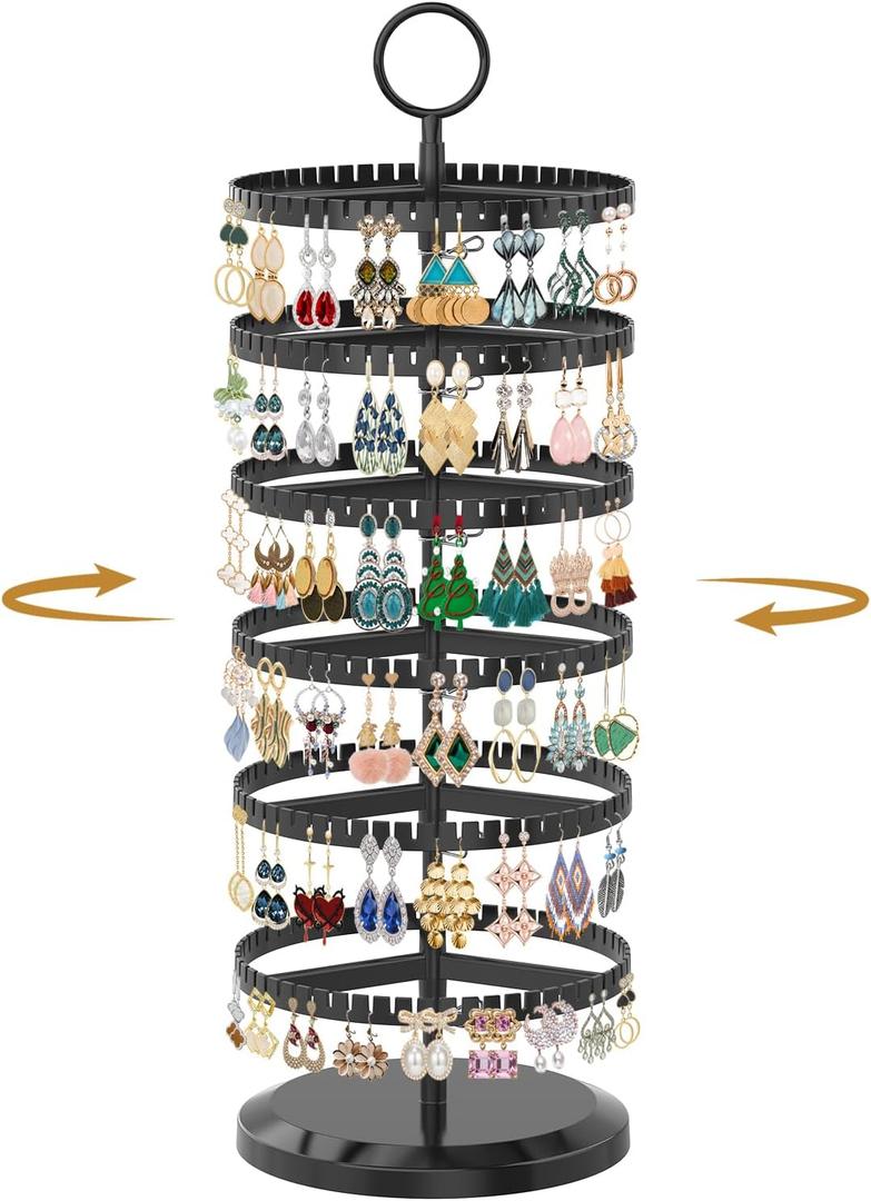 MODOWEY 6 Tier Rotating Earring Holder Organizer, Adjustable Metal and Plastic Stand Tree with 342 Groove for Stud Hoop Pierced Dangle Display, Decluttered, Space-Saving Storage Rack for Women, Black