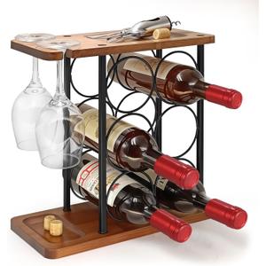 Megier Wooden Racks Countertop with Tray, Bottle Holder for 6 Bottles & 2 Glasses, Perfect for Kitchen, Bar, Table, Cabinet, Cellar