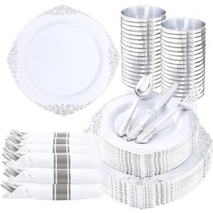 Nervure 350PCS Silver Plastic Plates - Silver Plastic Dinnerware Sets for 50 Guests - 100 Disposable Plates, 150 Silverware, 50 Cups, 50 Napkins for Wedding & Party (White and Silver)