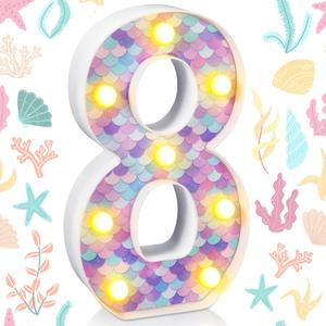 Mermaid Birthday Party Decoration, Decorative LED Glowing Numbers Mermaid Theme Marquee Digital Lights Table Centerpiece for Kids Under The Sea Birthday Baby Shower Party Decoration(8)