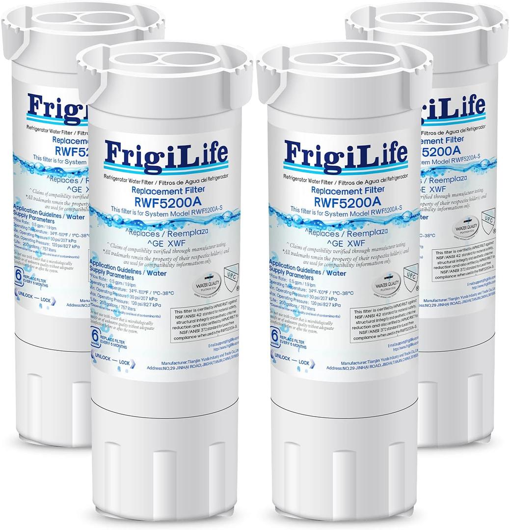 RWF5200A Compatible for XWF (NOT Compatible for XWFE), WR17X30702, Applicable to models GE GBE21, GDE21, GDE25, GFE24, GFE26, GNE21, GNE25, GNE27, GWE19 Refrigerator Water Filter, PACK of 4