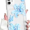 NITITOP Compatible with iPhone 12 Case with Card Holder Clear Cute Floral Lily Flowers Butterfly for Women Girls Soft TPU Shockproof Wallet Case Protective Phone Cover - Blue