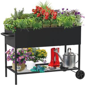 JWPEHOE 34 × 15 × 31 Inches Raised Garden Bed with Legs/Storage Shelf, Mobile Planter Box for Outdoor Plants, Elevated Garden Bed for Backyard, Balcony, Black