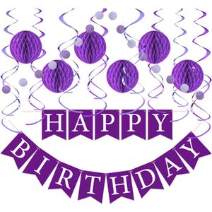 Purple Birthday Decorations Kit - 16-Piece Set with Pre-Strung Happy Birthday Banner, Honeycomb Balls, Garland & Swirls | Purple Theme Party Supplies for Women Girls Kids, Teens Adults