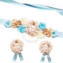 Teddy Bear Maternity Sash Set Mummy and Daddy Corsage Pin Flowers Baby Shower Souvenir Sash Supplies Gender Reveal Decorations Pregnancy Photography PropsSky Blue