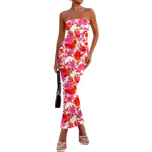 PRETTYGARDEN Women's 2026 Summer Floral Bodycon Maxi Dresses Ribbed Strapless Tube Casual Boho Party Long Dress (Pink, S)