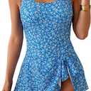 Eomenie One Piece Swimdress Swimsuits for Women Tummy Control Swim Dresses Skirt Bathing Suit (Medium, Blue Floral)