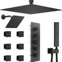 Black Thermostatic Shower System Dual Shower Heads with 16" Ceiling Mounted Rain Shower Head & 6" Wall Mounted Head 4 Function Full Body Shower System with body jets Can All Run Together