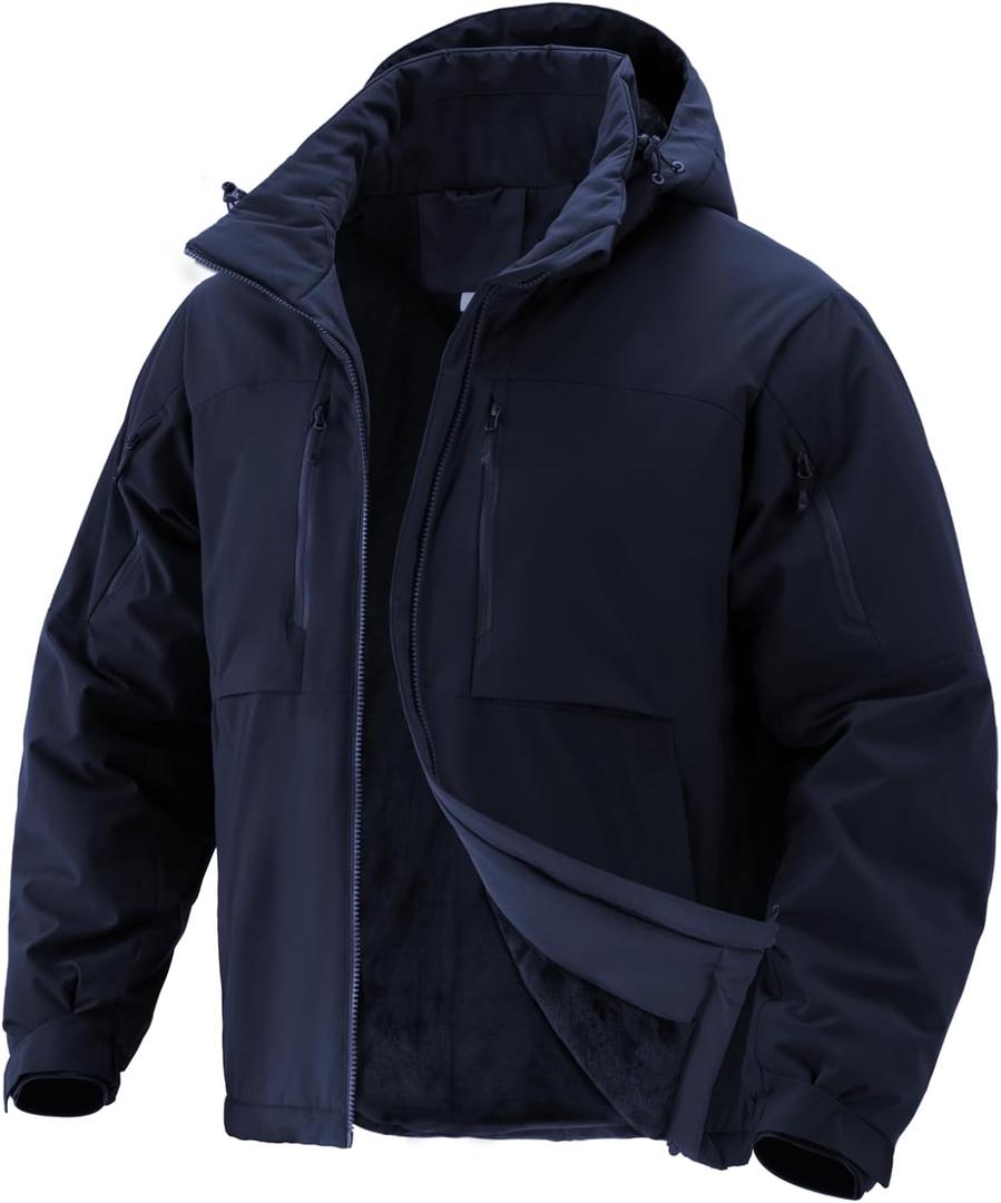 Men's Winter Insulated Coat Warm Water Resistant Skiing Parka Jacket Fleece Lined Detachable Hood 7 Pockets Work Coat (3X-Large, Blue)