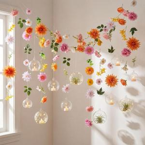 18 Pcs 3.15'' Hanging Glass Tealight Candle Holder and Flower Garlands Globe Air Plant Terrariums for Wedding Centerpiece Christmas Arch Party Decor