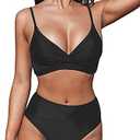 CUPSHE Women's Bikini Sets Two Piece Swimsuit High Waisted V Neck Twist Front Adjustable Spaghetti Straps Bathing Suit L