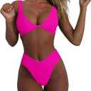 geluboao Bikini Set for Women Solid V Neck Knot Front Push Up High Leg Thong Two Piece Swimsuit, S