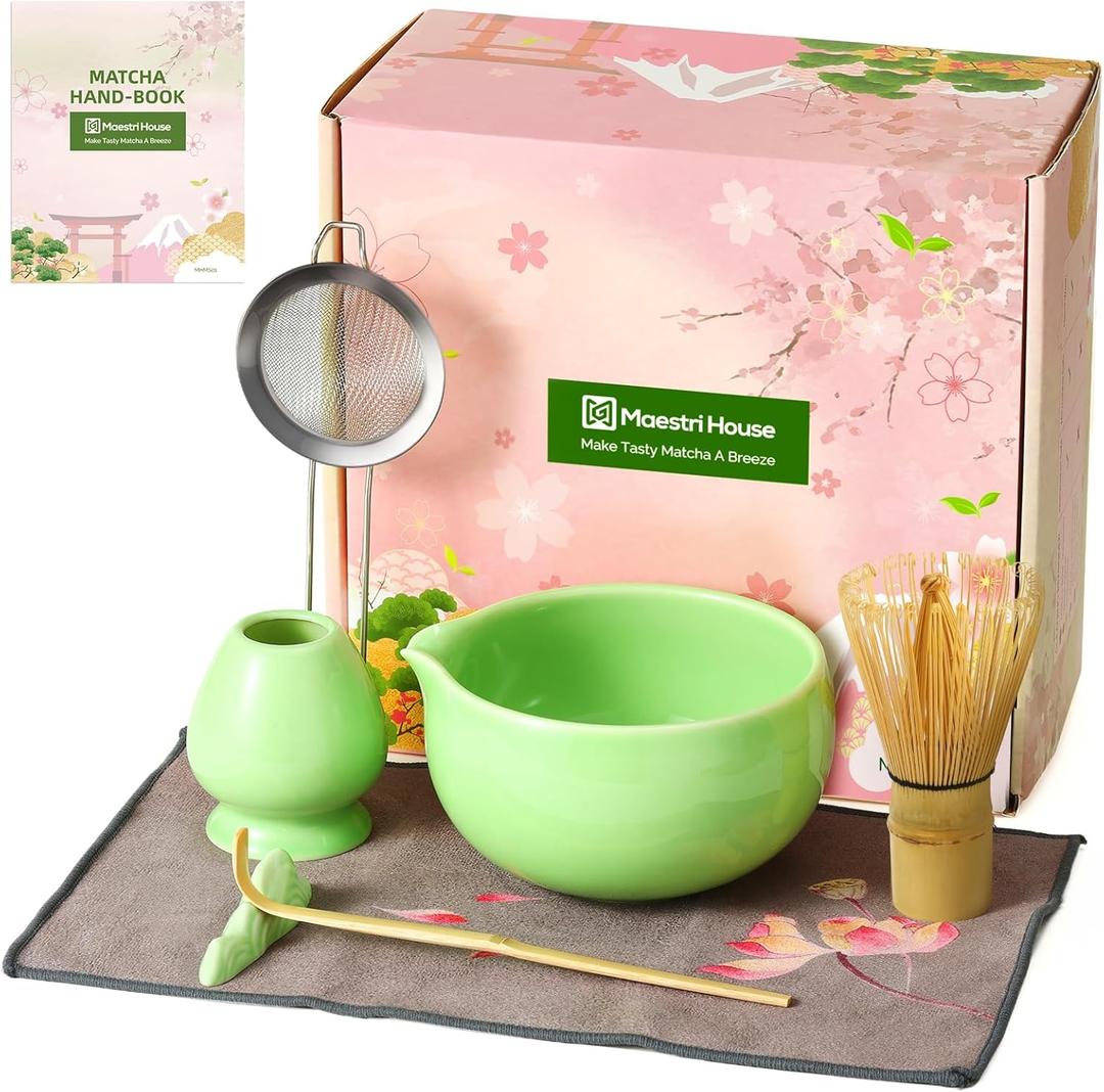Maestri House Matcha Whisk Set, 7-Pc Complete Matcha Kit with Spouted Ceramic Bowl, Bamboo Whisk and Holder, Scoop, Spoon Rest & Sifter, Tea Cloth  Ideal Gift for Matcha Lovers (Green)