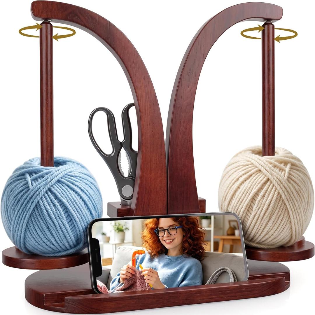 Wooden Yarn Holder for Crocheting and Knitting, Yarn Spinner with Double Magnetic Spindle and Phone Stand, Perfect for Crocheting and Knitting Lovers