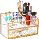 Golden Glass Box Vanity Tray Glass Case Makeup Display Organizer on Dresser, Multifunctional Cosmetic Storage for Palette Lipstick Makeup Brushes Skincare Perfumes Bathroom Accessories