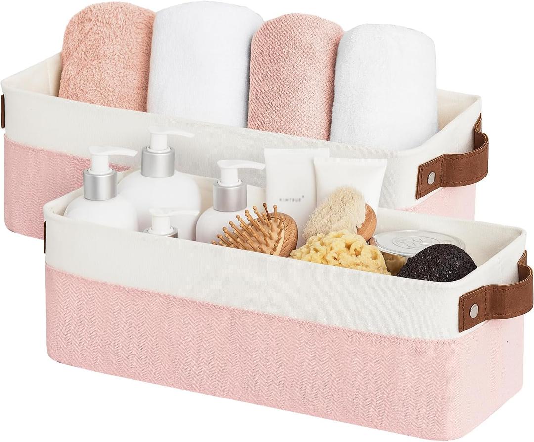 StorageWorks Narrow Storage Bins, Small Basket for Closet and Shelves, Fabric Organizer with Handles, Toilet Paper Storage, Pink and White, 2-Pack (15"L x 6"W x 5"H)
