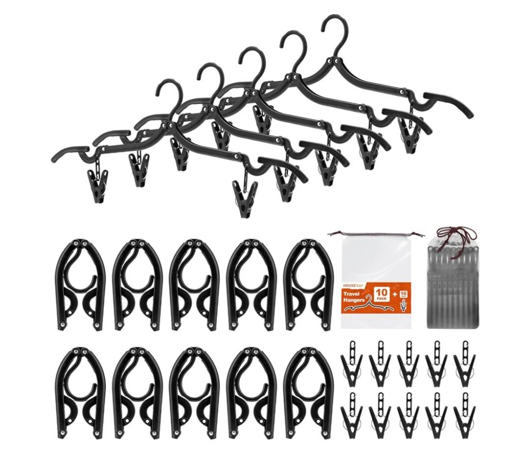 HOUSE DAY Foldable Travel Hangers 10 Pack w/10 Clips, Cruise Essentials 2025, Portable Hanger Collapsible Hangers Plastic, Travel Must Haves for Suitcase, Hotel, RV, Road Trip, Flying, Camping-Black