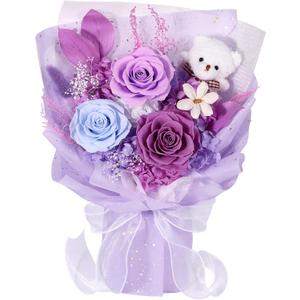 Preserved Flowers Bouquet with Bear, 3 Real Forever Flowers for Delivery, Long-Lasting Purple Eteranl Roses Bouquet, Mothers Day Gifts for Mom Grandma, Anniversary Birthday Gifts for Women Girlfriend