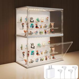 Clear Display Case for Collectibles, 3-Tier Adjustable Figure Display Case with LED Light, Stackable Acrylic Showcase with Magnetic Door for Jewelry,Collectibles (White, 2 Pack-17.4" H)
