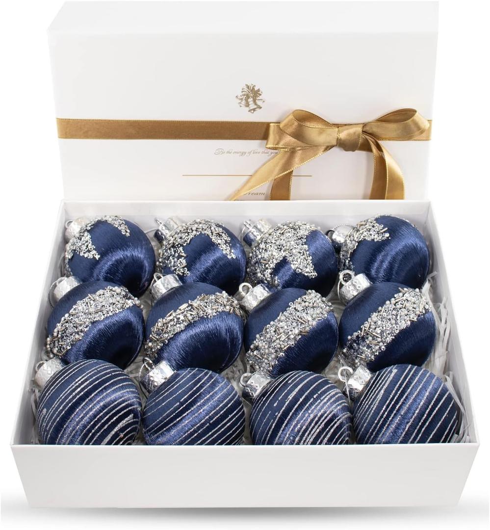 12 Pcs Satin Christmas Ball Ornaments, Luxury Silk Tree Hanging Decorations for Xmas Wreath Garland Wedding Party (Blue)