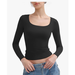 PUMIEY Women's Long Sleeve T Shirts Scoop Neck Slim Fit Going Out Tops Double Lined Basic Tee Smoke Cloud Collection, S