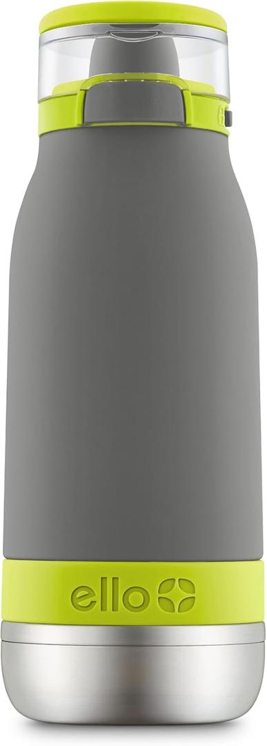 Ello Emma 14oz Vacuum Insulated Stainless Steel Kids Water Bottle with Straw and Built-in Carrying Handle and Leak-Proof Locking Lid for School Backpack, Lunchbox and Outdoor Sports, Gray (Green)