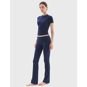 PUMIEY Women's 2 Piece Lounge Sets Short Sleeve Tops Fold-Over Flare Pants Casual Outfits Matching Set Nap Collection XS