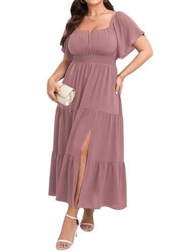 SCOMCHIC Womens Plus Size Maxi Dress Formal Short Sleeve Square Neck Smocked Side Split Flowy A Line Tiered Long Dress Pink, size 2XL