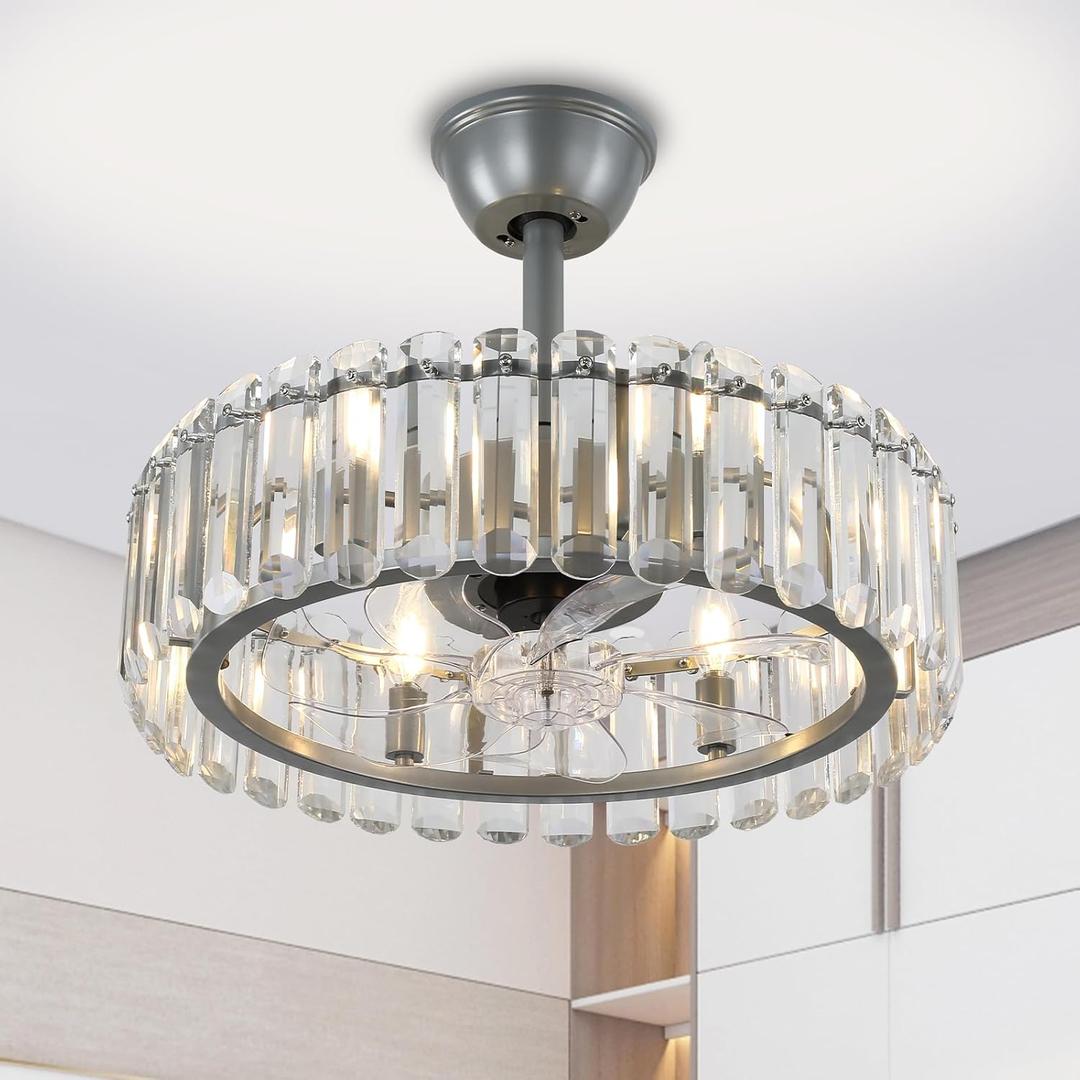 FRIXCHUR Modern Crystal Ceiling Fans with Lights Fan Chandelier Chrome Fandelier and Remote Bladeless Chandelier Ceiling Fans with Lights for Dining Room Living Room Kitchen 20.7 Inch, 6-Speed