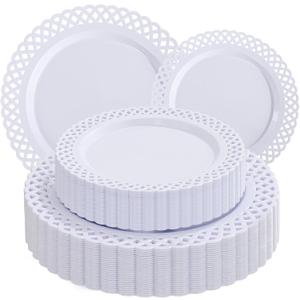 COLOSUS 60Pcs White Plastic Plates, Fancy White Disposable Plates,Nice Scallop plates,Heavy Duty Lace Hollowed Out Plates include 30 Dinner Plate 10 and 30 Salad/Dessert Plate 7.5for Motherz's Day