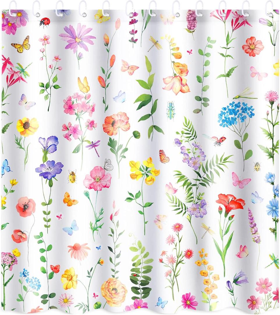 Preboun Spring Flower Shower Curtains for Bathroom Floral Plant Shower Curtain with 12 Hooks Watercolor Polyester Fabric Shower Curtain for Home Bathroom, Machine Washable, 72 x 72 Inch