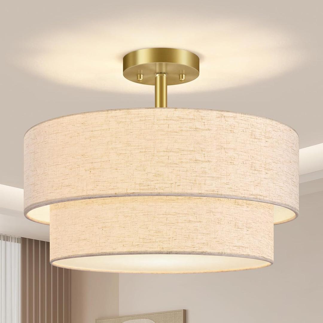 AUQUEE 16.5" Semi Flush Mount Ceiling Light, 3-Light Gold Ceiling Light Fixture with Linen Fabric Shade, Double Drum Modern Close to Ceiling Light for Bedroom, Hallway, Kitchen, Entryway, Dining Room
