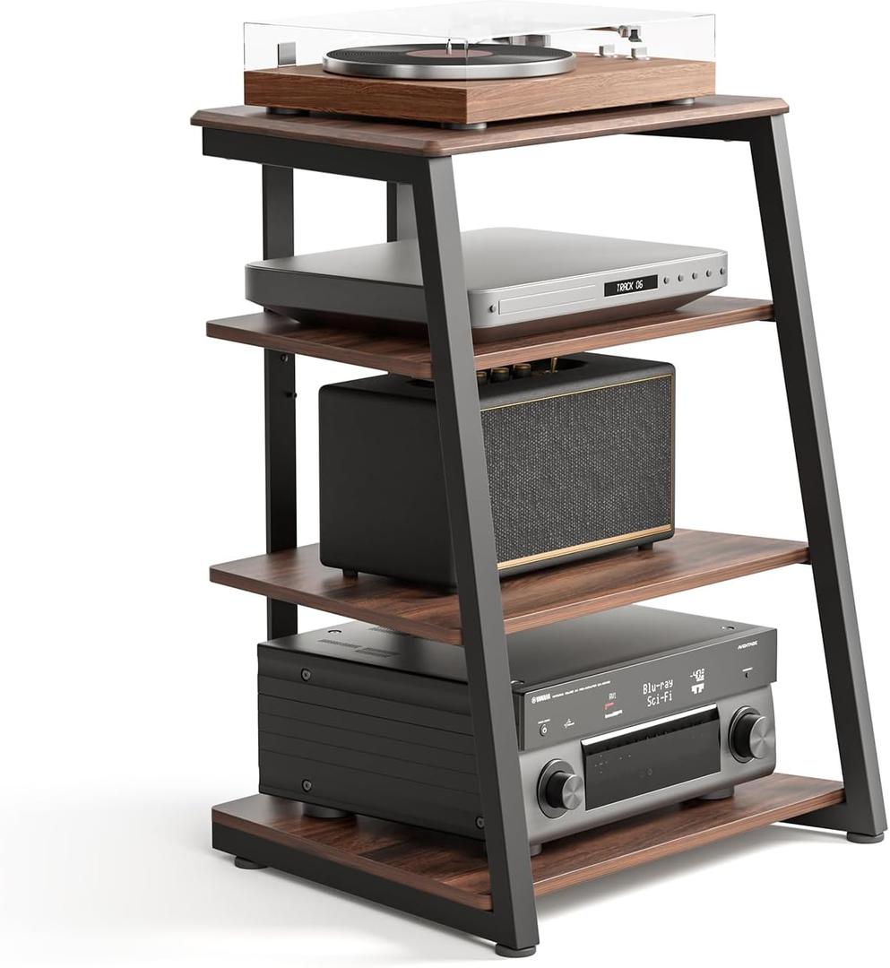 FITUEYES Design 4-Tier AV Media Stand Corner Shelf for Record Player Wooden Stereo Cabinet Audio Rack Tower with Height Adjustable Wooden Shelves for ps4 (Walnut), 23.8" L 20.3" W 30.7" H