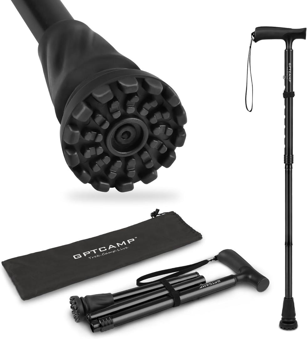 GPTCAMP Walking Cane for Men & Women,T-Grip Handle Adjustable Canes | Collapsible & Folding Design, Anti-Slip Pivot Tip,Lightweight Durable Walking Sticks for Seniors & Adults (Black)